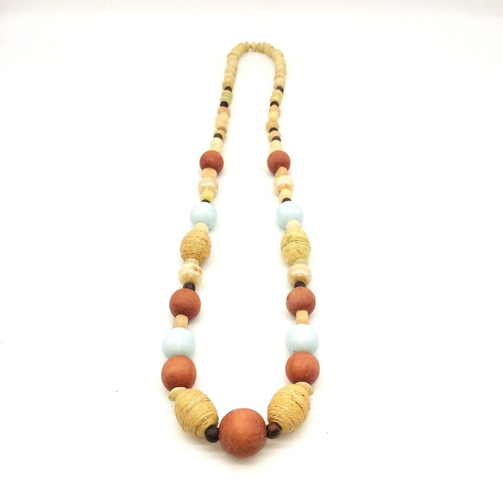 Boho Twine Wrapped Wood, Stone & Ceramic Beads Woman's Fashion Necklace